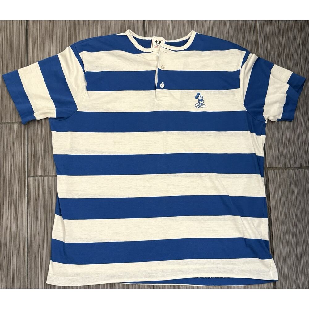 Vintage Disney Wear Striped Henley Short Sleeve Shirt Mickey Mouse Logo Large